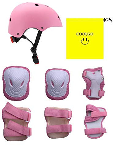 Skateboard Helm Kinder, COOLGOEU 7 in 1 Protektorenset Kinder mit Knieschoner, Ellenbogenschoner und Handgelenkschoner für Inlineskates, Skateboard, Hoverboard, Fahrrad, BMX-Fahrrad (Pink New Version)
