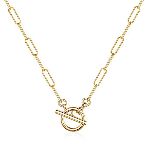 Turandoss Gold Paperclip Chain Necklace for Women, 14K Gold Plated Dainty Paperclip Link Chain Necklace Medallion Evil Eye Star Lightning Heart Butterfly Oval Link Paperclip Chain Necklaces for Women