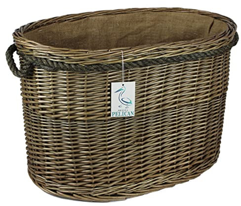 Range of rounded Wicker log baskets. Rope handles. Wood & kindling storage for home hearths and fireplace. Large wood burner bin (50cm, Oval)