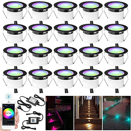 20er Set Bluetooth RGBW LED Einbaustrahler Led Bodeneinbaustrahle Aussen 1W Ø45mm IP67 Wasserdicht Terrasse Garten Led Lampe Full Kit Schwarz