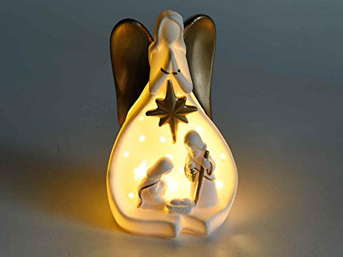 Sudopo Bosch Elettrodomestici Belén navideño KONTARBOOR de cerámica Blanca con Detalles Dorados con Luces LED, 10,5 x 9 x 18 H.