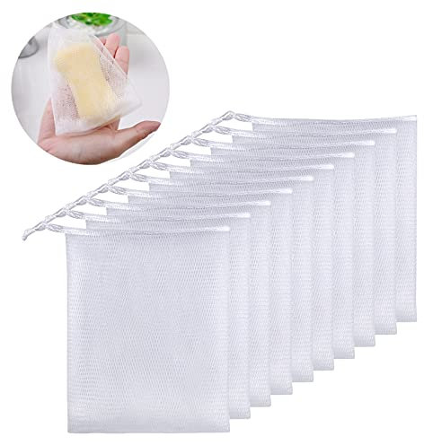 SHULLIN 10 Stück Seifensäckchen Nylon Seifenbeutel Seifennetz Seife Mesh Tasche Natur Seifen Säckchen für Aufschäumen und Trocknen von Seife und Gesichtsreiniger, Peeling-Massage