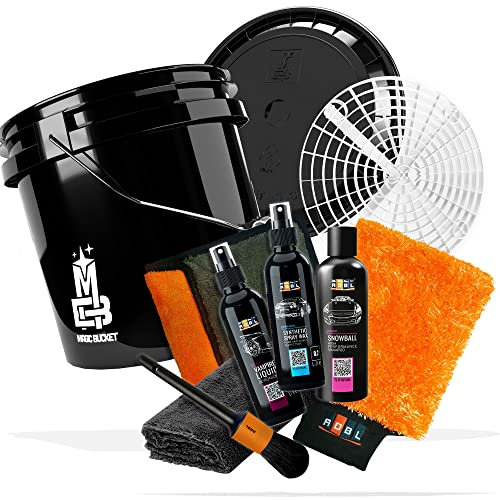 10 teiliges Autowasch Bundle – ADBL Synthetic Spray Wax, Snowball Auto Shampoo, Vampire Liquid, Waschhandschuh, Trockentuch, Pinsel, Magic Bucket 3,5GAL & Deckel schwarz, Grit Guard, detailmate Tuch