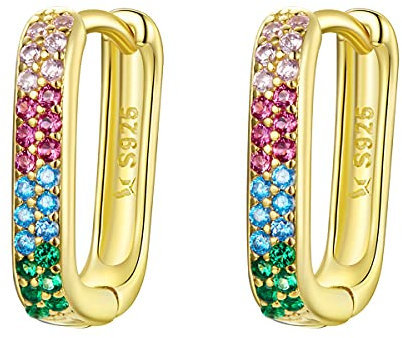 Regenbogen Zirkonia Creolen Gold - Qings Kleine Bunte Rechteckige Quadratische U-Form Mehrfarbige Huggie 14K 18K Mehrfarbige Creolen für Frauen Mädchen