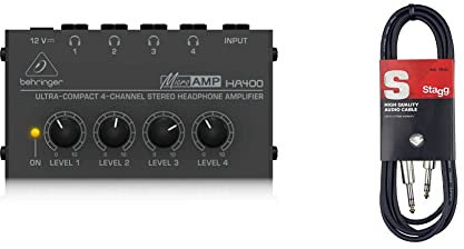Behringer MICROAMP HA400 Amplificatore per cuffie stereo compatto a 4 canali & Stagg SAC1PS DL Cavo S Serie per Strumenti Musicali da Jack a Jack 6,3 mm, da 1m