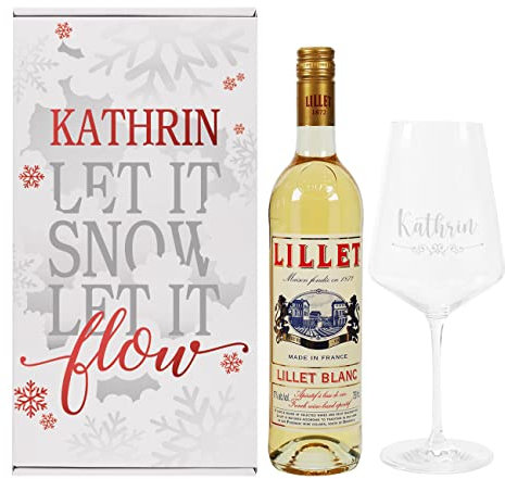 Herz & Heim® Lillet Geschenkset Let it snow, let it flow mit graviertem Weinglas, Geschenkbox und 1 Flasche Lillet blanc oder rosé/Geschenkidee Blanc
