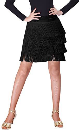 SEAUR Bauchtanz Hüfttuch Fransen Rock Damen Latein Tanzrock Rumba Cha Cha Samba Tanzen Rock Ballsaal Tanzkleid Schwarz - 3XL