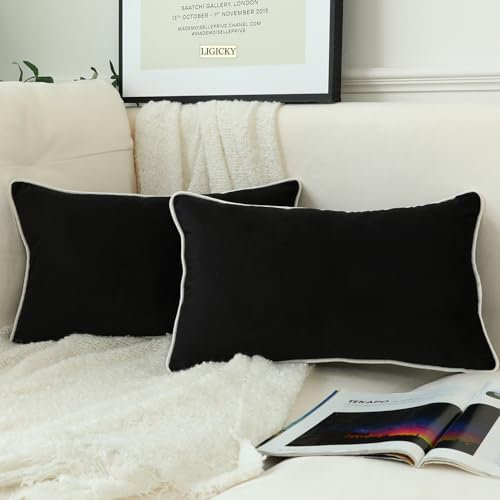 LIGICKY 2er Set Luxus Dekorative Kissenbezug Samt Weich Zierkissenbezüge Einfacher Rechteckiges Lendenkissen Kissenbezüge Deko Sofakissen für Wohnzimmer Couch Schlafzimmer Auto, Schwarz 30 x 50 cm