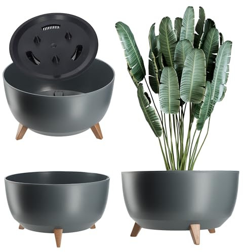 KADAX Blumentopf aus Kunststoff mit DREI Einsteckstützen, runde Blumenschale, Pflanzkübel, Blumenkübel, Pflanzschale für Balkon, Wohnzimmer (⌀ 47 cm, anthrazit)