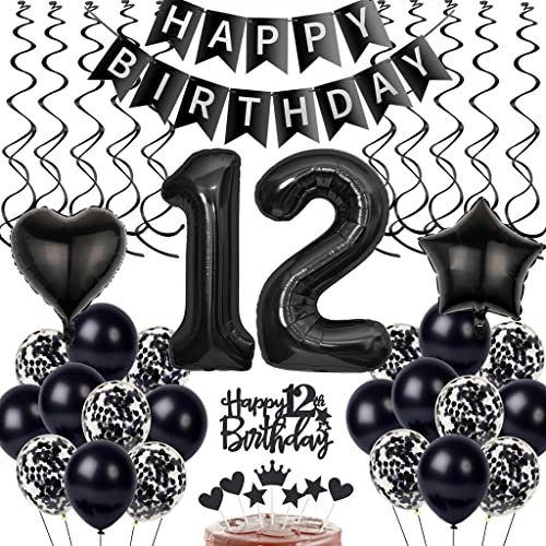 Schwarz 12. Geburtstag Luftballon Deko - Tortendeko für Jungen und Mädchen mit Ballons