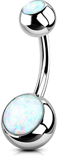 OUFER 14G Bauchnabelpiercing Ring Titan 8 mm Piercing Bauchnabel Lang Kurz Weißer Opal Edelstein Kugeln Belly Button Piercing Navel Bars Silber 1.6 mm Nabelring Frau Schmuck