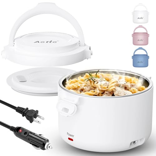Aotto Electric Lunch Box, 32 oz Portable Food Warmer Heater, Lunch Warmer Portable for Work/Office/Car/Travel 12V/24V/110V 3-in-1, Warming Soup & Meal, Spill-Free, Men & Women's Gifts, White