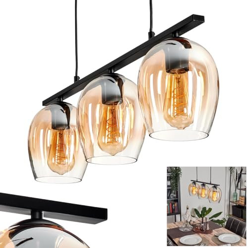 Pendelleuchte Vevino, Hängeleuchte aus Metall/Glas in Schwarz/Bernsteinfarben/Klar, Leuchte im Vintage/Retro Design, Schirme aus Glas (Ø 15cm), 3-flammig, Höhe max. 116,5cm, 3 x E27, ohne Leuchtmittel