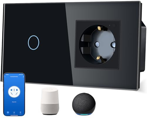 TAWOIA Interruttore della luce intelligente 1 scomparto a 1 via, con presa Wi-Fi, 1 vano, 16A, controllo app, lavoro con Alexa, cornice in vetro, 86 x 157 mm, nero, Wi-Fi solo 2,4 GHz