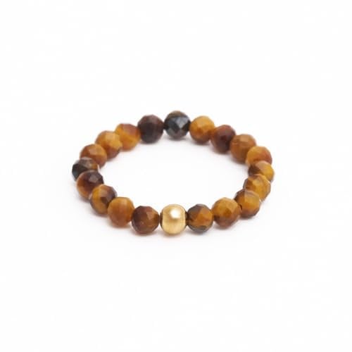BERGERLIN Echter Tigerauge Ring mit Goldperle - facettierte Perlen - Größe S