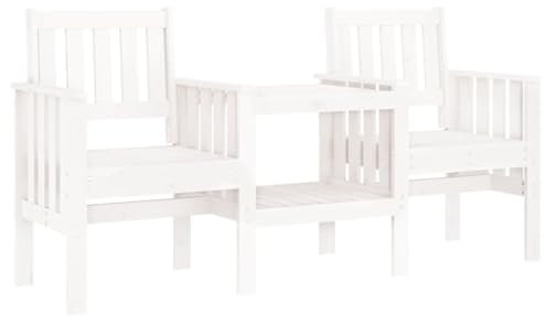 vidaXL Gartenbank, 2-Sitzer Bank mit Tisch Ablage, Sitzbank Parkbank mit Latten-Design, Holzbank Gartensessel Gartenmöbel, Weiß Massivholz Kiefer