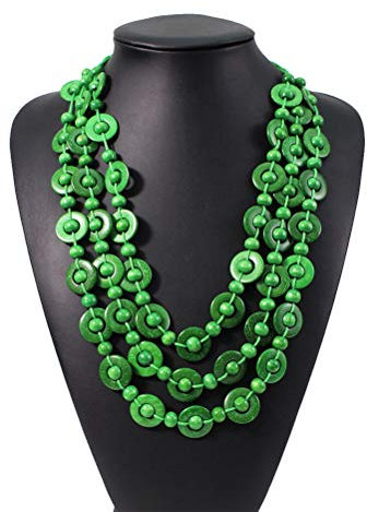 Theaque Collana girocollo in perline di legno con guscio di cocco di Boemia Etnico africano colorato lungo strati Bob multistrato fiore geometrico (Verde)