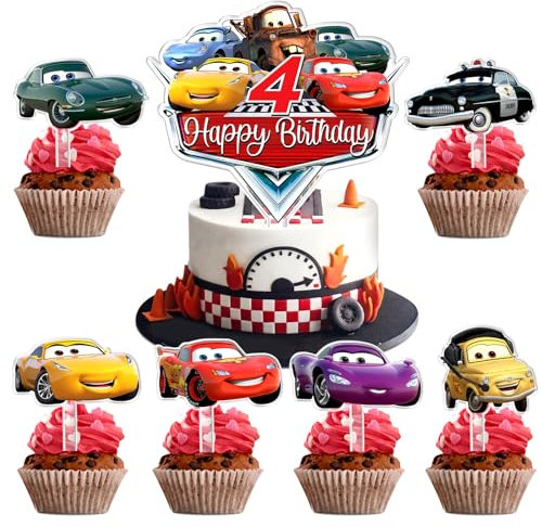 7 Stücke Car Kuchen Deko Set, Car Cake Topper 4 Jahre, Car Geburtstags Kuchen Dekoration, Car Cartoon Kuchenaufsatz, Car Partyzubehör Junge, Geeignet für Kindergeburtstag, Babyparty Dekoration
