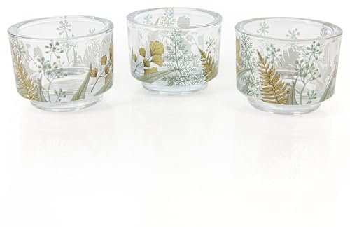 Logbuch-Verlag 3 Teelichthalter Glas Kerzenhalter Blätter-Motiv grün Ginkgo Farn Hochzeit Tischdekoration 7 x 9 cm Garten Deko exotisch