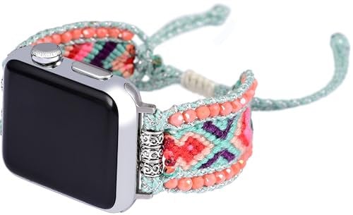 Bracelet de style rétro bohème en nylon tressé compatible avec Apple Watch 40 mm, 41 mm, 38 mm, bracelet d'amitié tissé à la main avec perles style occidental, pour iWatch Series