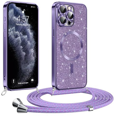 Phoona handyband Hülle für iPhone 11 Pro mit Band, Glitzer Handyhülle Kompatibel mit MagSafe, Ganzkörperschutz Kratzfeste Stossfest Schutzhülle mit Einstellbar Kette, Lila