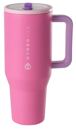 HydroJug Traveler – Moderner Becher mit Griff und einfachem Klapp-Trinkhalm, für Auto-Becherhalter, auslaufsichere Wasserflasche, wiederverwendbar, isolierter Edelstahl und Gummiboden, Geschenke für