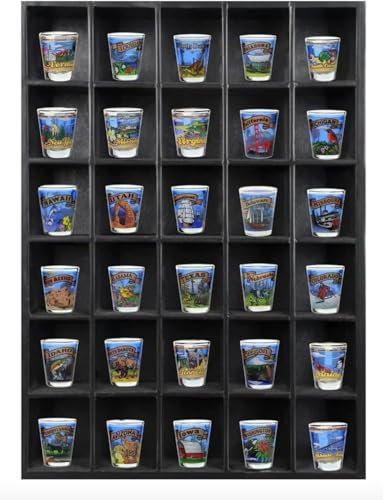 Tasse Verre 30 Schnapsglas-Regal, Vitrine (1er-Pack) – großes Sammlerstückregal aus Holz – Wandmontage, Schwarze Schattenbox, Minifiguren-Aufbewahrung, 42,4 x 31 cm