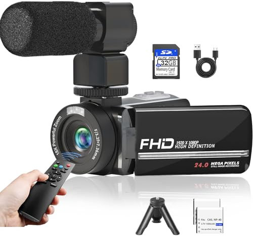 Videocamera Full HD 1080P 48MP YouTube Vlogging Telecamera Registratore 3.0 Pollici Schermo Rotazione 270° Zoom Digitale 18X con Telecomando Microfono Mini Treppiede 2 Batterie