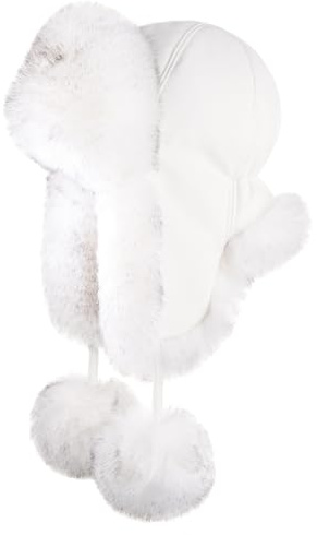 Futrzane Fliegermütze - Schapka Uschanka Damen - Fell Trapper Mütze aus Leder (M, Weiß - Weiß mit Schwarz Siberian)