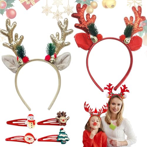 Capgoost Rentier Haarreif, 2 Stück Haarreif Weihnachten, Geweih Haarreifen, Weihnachts Haarspangen, Kopfschmuck Rentier mit Ohren, Haarschmuck Geweih Kopfschmuck für Weihnachten Fasching Karneval(A)
