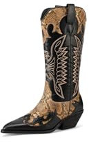 QUEEN HELENA Camperos Stivali Pitonati Stivaletti Texani a Punta Donna W301 (Nero Gold, Sistema Taglie Calzature EU, Adulto, Donna, Numero, Media, 36)