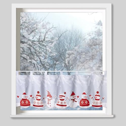 heimtexland ® Scheibengardine Weihnachten Fensterdeko Weihnachtsgardine Bedruckt Deko Gardine Satin Blickdicht Silber rot 45x120 Winter Typ651 Schneemann Norweger