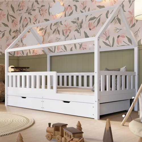 Crazy Pine Hausbett mit Schubladen 80x160 cm – Kinderbett aus Naturholz in Weiß mit Rausfallschutz – Skandinavisches Design, Montessori Bodenbett mit zusätzlichen Stauraum - Crazy Blanco