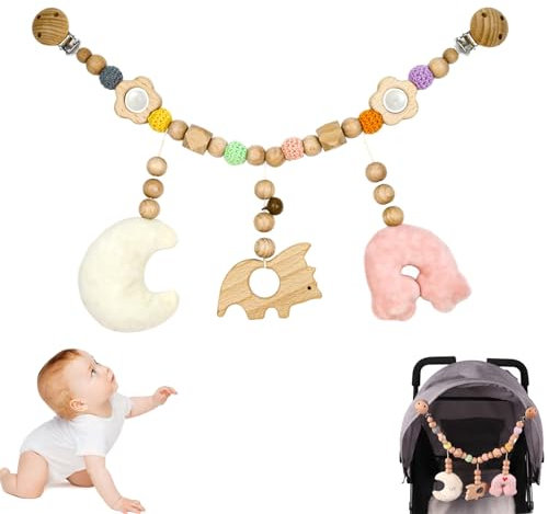 SI SEN Kinderwagenkette Holz, Kinderwagen Kette Für Babys, Regenbogenmond Kinderwagenkette Junge Mädchen, für Babys und Kleinkinder ab 3+ Monaten