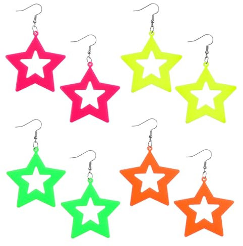 Tyqour 4 Paar 80er 90er Jahre Stern Ohrringe Retro Acryl Neon Ohrringe Damen Bunte Creolen Neon 5x5cm Vintage Party Accessoire Ohrring für Mottoparty Kostüm Party Maskerade Frau Mädchen