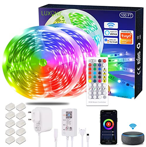 LUXONIC WiFi LED Strips 30M, Smart RGB LED Stripes Alexa Stripes Cambio de color, de música controlada por APP, Trabaja con el de Google, Luz LED ultra larga para la decoración de la casa