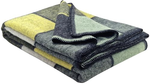 STTS International Wohndecke Wolldecke 100% Schurwolle 150 x 200 cm Tagesdecke Schurwolldecke Plaid Selva Grau-Olive-Grün-Gelb (SQ)