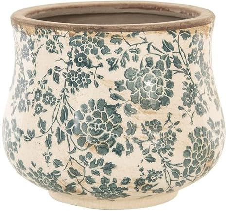 Indoor Plant Pot Blue Botanical Floral Print Ceramic Jardinière Planter with Distressed Effect Finish Watertight Cachepot Vintage Victorian Style Houseplant Pot Windowsill Herb Planter (Large)