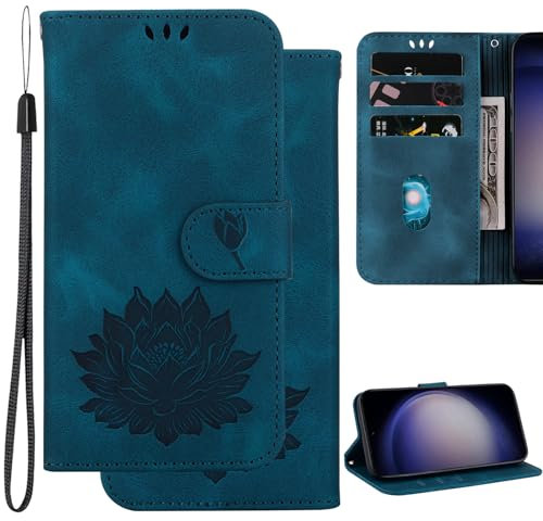 Ammeer Coque pour LG V40 ThinQ, Relief Lotus Modèle Magnétique Flip Folio Cover Téléphone Housse Étui Wallet Portefeuille Case PU Cuir Supporter - Bleu