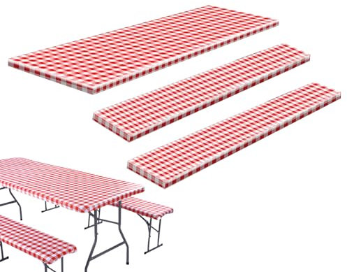 Nappes de pique-nique pour extérieur, couvre-table élastique avec couvre-banc | Nappe de protection à carreaux rouges et blancs pour déjeuners en plein air, barbecue, camping, jardin