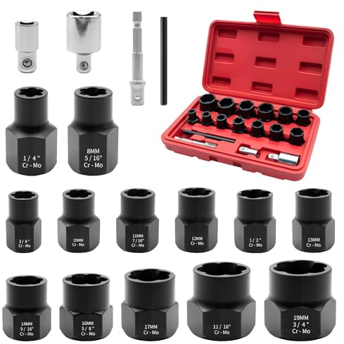 Bolzenausdreher Schraubenausdreher & 1 Stück Steckschlüssel-Adapter-Set Entferner HSS M2, 16-teilig mit Index-Etui