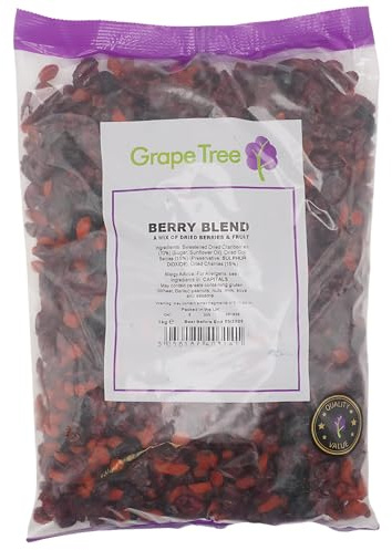 Grape Tree Berry Blend 1kg. A Mix of Dried Cherries, Cranberries and Goji Berries. Perfect for Adding to Cereal, Yogurt, Muesli and Granola. Dried Fruit for Snacking and Baking.