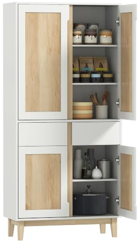 HOMCOM Hohes Küchenbuffet 4 Türen 80x35x170 cm, Weißeiche | Küchenschrank, 2 Schubladen, verstellbare Böden, Gummibaumbeine, für Wohn- und Esszimmer