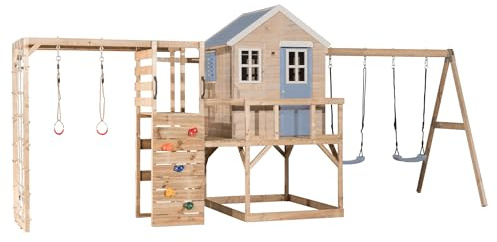 Wendi Toys M27-G Spielhaus aus Holz-FSC mit Rutsche, Doppelschaukel, Kletterwand, Kletterturm Garten Kinder Outdoor 197×563×242 cm, mit Kletternetz, Turnringen
