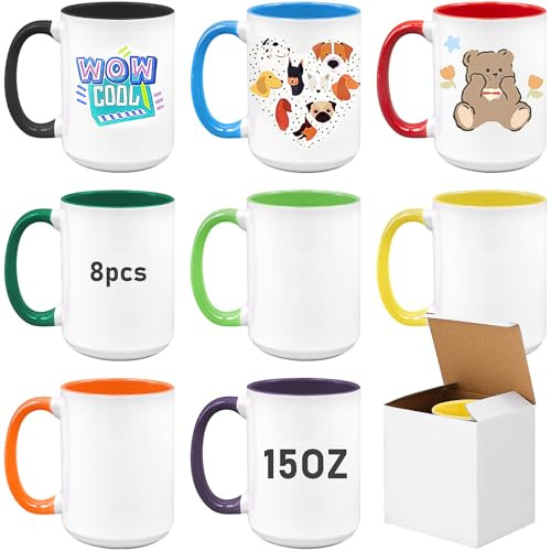 JTKDG 450 ml Sublimation Blanko-Kaffeetassen, Weiße Porzellantasse, 15oz Kaffeebecher mit farbigem Henkel, 8 Farben,Set mit 8 Stück