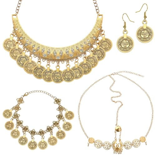 Bauchtanz Accessoires, Gold Ohrringe, Kopfkette, Armbänder und Kette mit Goldmünzen, Schmuck Wahrsagerin Accessoires, Pirat Kostüm Damen Accessoires, Bauchtanz Kostüm Schmuck für Mottoparty Carnival