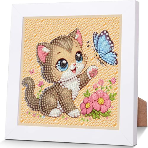 YarnWhimsy Diamond Painting Kinder Katze, 17x17cm Quadratischer Rahmen | Diamant Painting Bilder Kinder Tier, Kreativ Crystal Diamond Bastelset für Mädchen und Junge ab 6 8 9 10 11 12 Jahre
