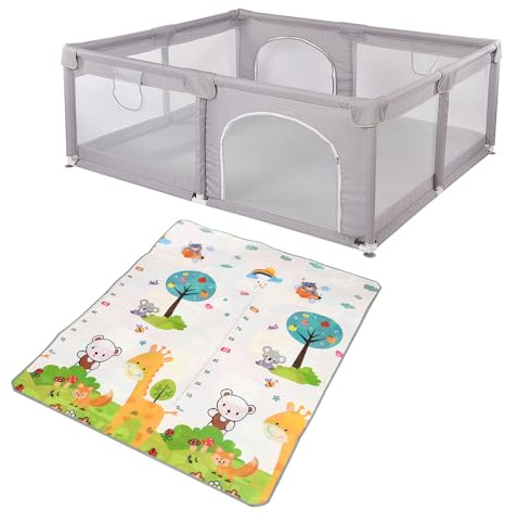 Homewell Laufgitter für Babys, gesichert, 150 x 180 cm, Spielplatz mit 2 seitlichen Zugängen mit Reißverschluss und Teppich, Barriere für Babys, Transporttasche, Grau