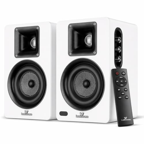 LARKSOUND Altoparlanti da scaffale attivi per giradischi, PC desktop e TV audio, tromba in alluminio, woofer in fibra di vetro intrecciata da 4 pollici, amplificatore integrato, BT/Opt/ARC/AUX/USB