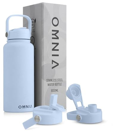 OMNIA NUTRIENTS Vacuum Insulated Stainless Steel Water Bottle, 2 Lids (Straw & Spout) Leakproof, BPA-Free, Reusable Flask Ideal for Travel and Outdoors (Sky Blue - 1000 ml)